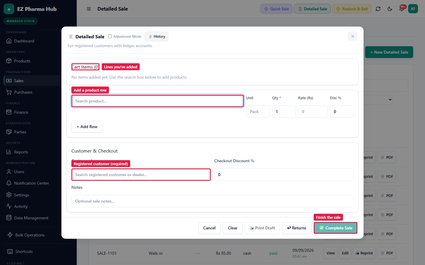 Detailed Sale invoice screen