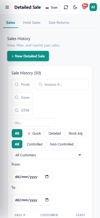 Sales screen on a mobile phone