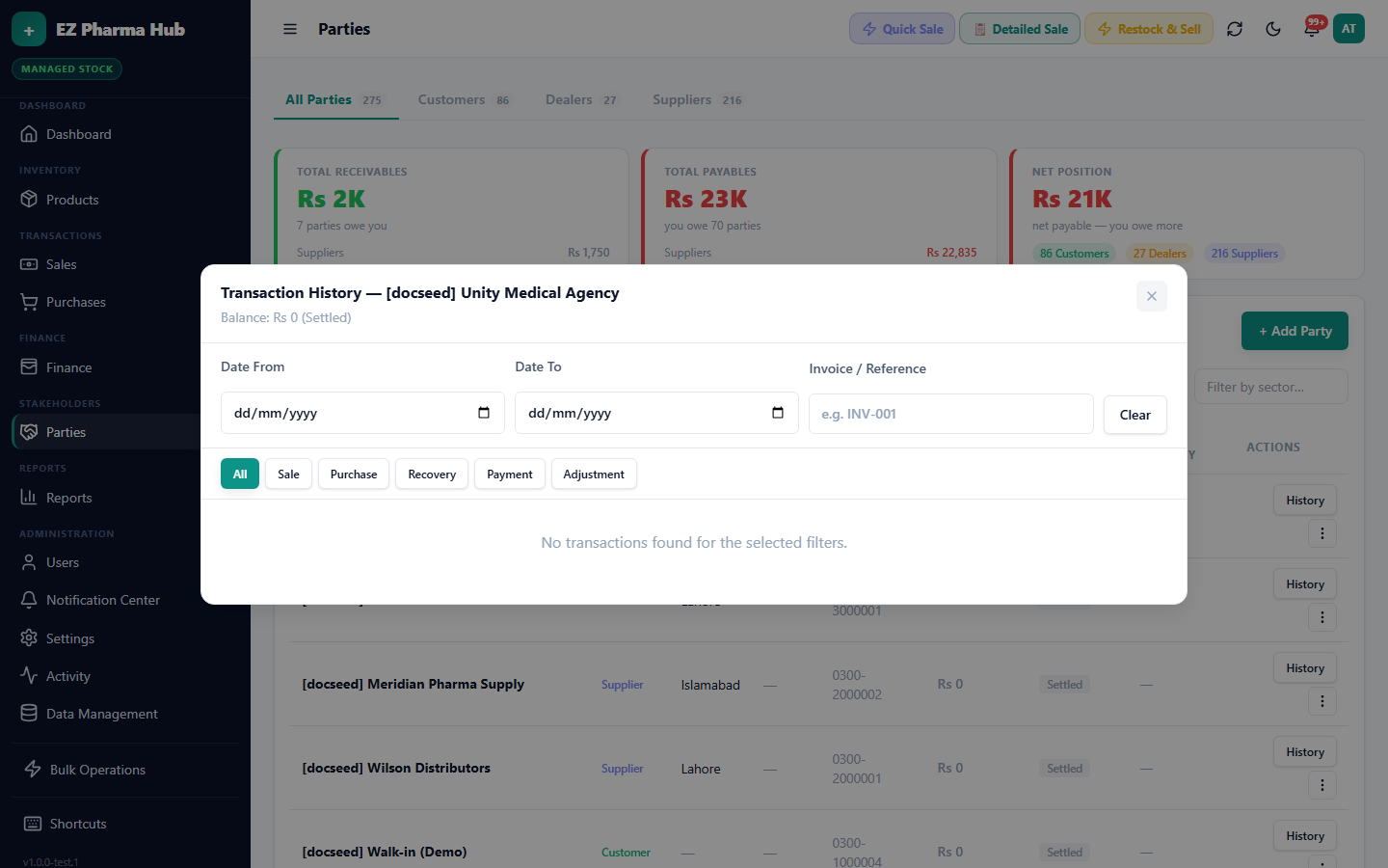 Party ledger with transactions and balance