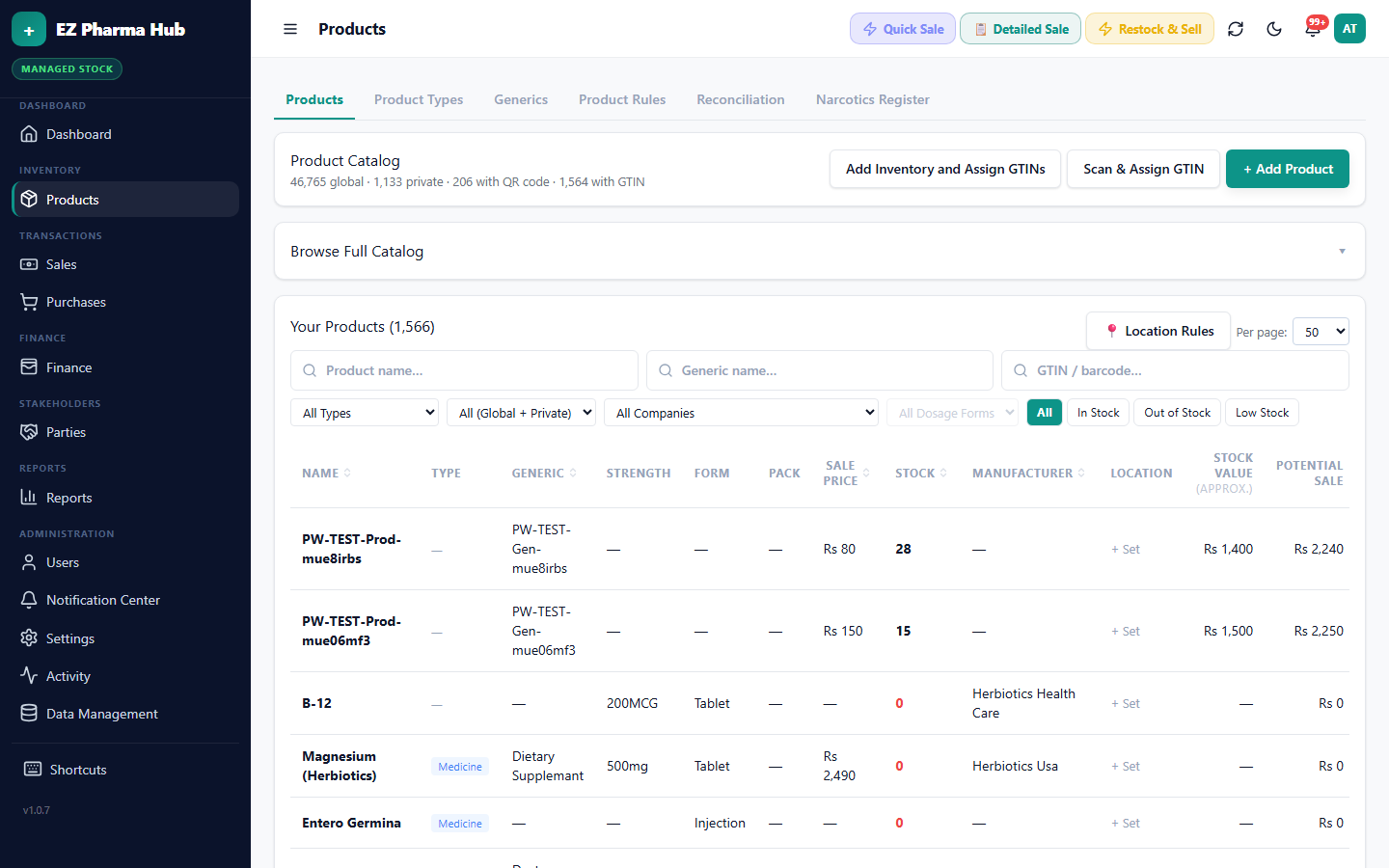 Products catalogue with stock, pricing and batch information
