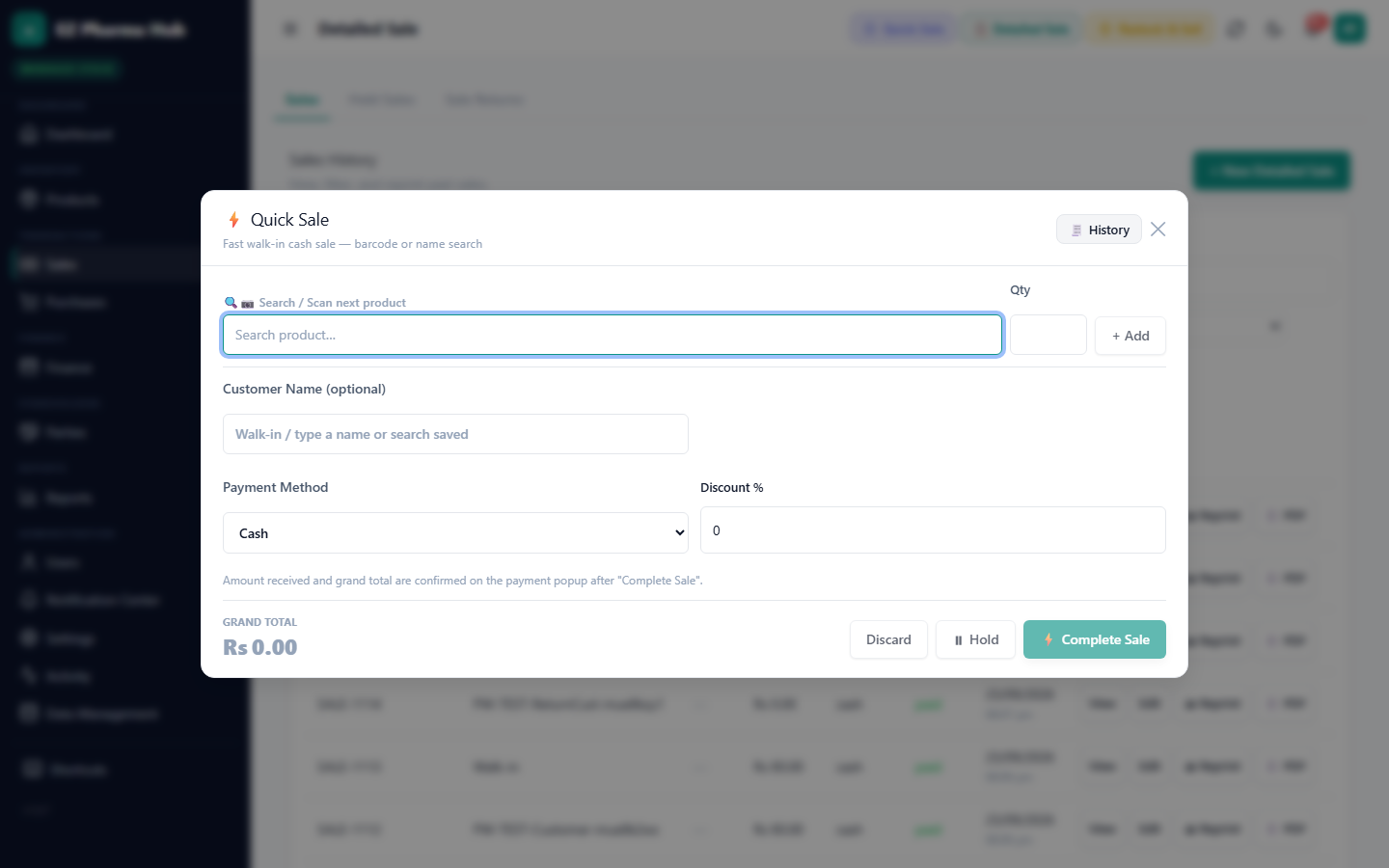 Quick Sale screen with product search, cart and payment method